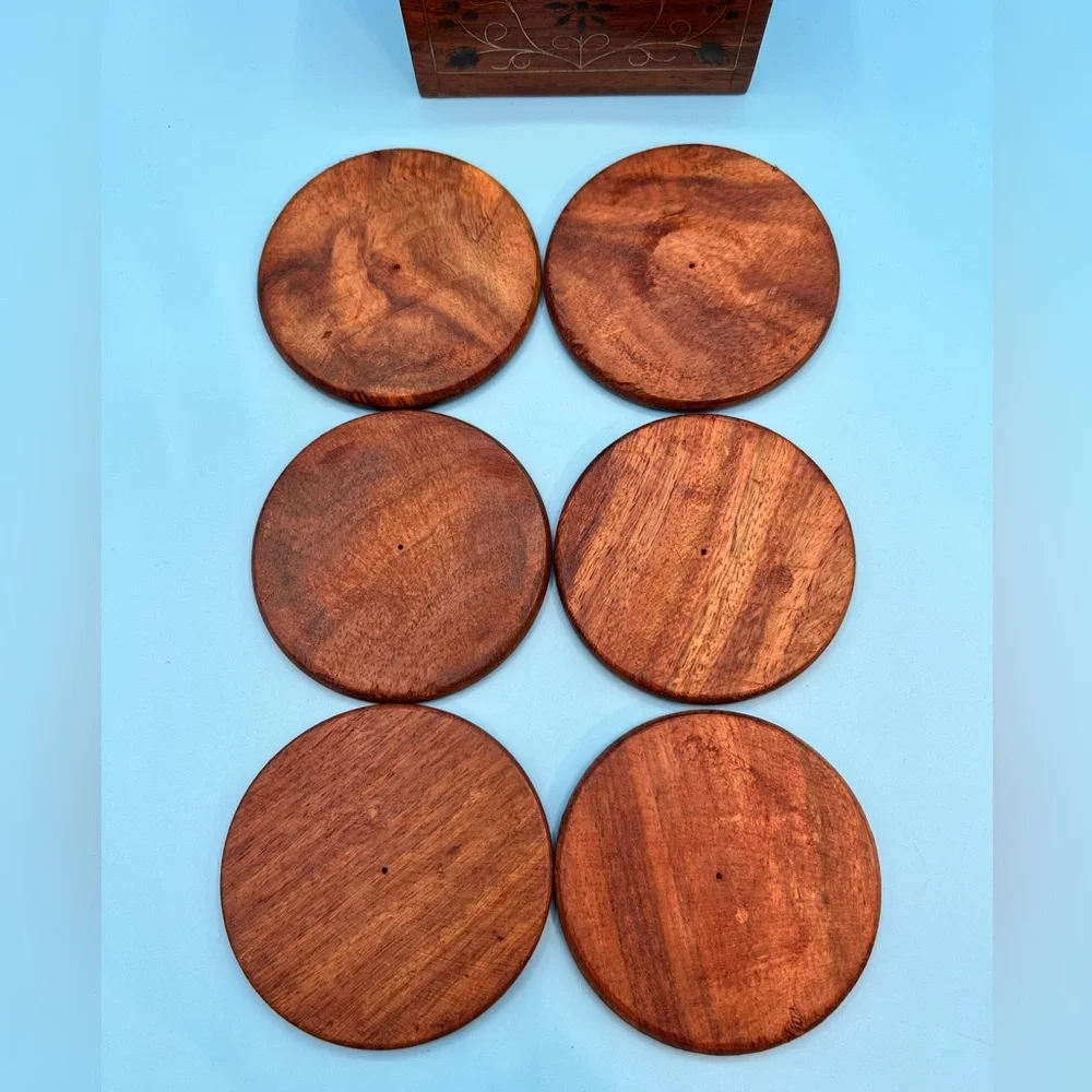 Brown Wooden Floral Coaster Set with Holder